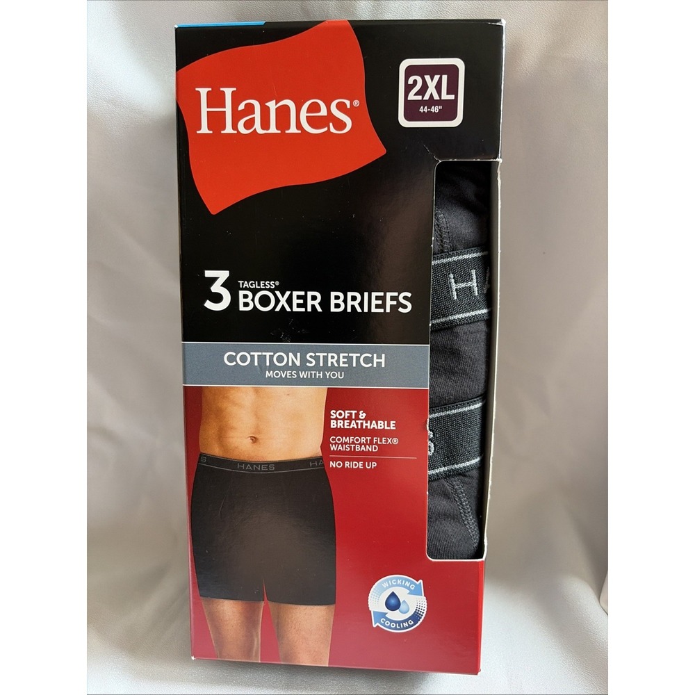 Hanes Boxer Briefs Mens 2XL 44-46 Tagless 3 Pack Cotton Stretch Breathable